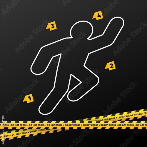 Crime scene with police tape. Crime scene, don't cross. The chalk outline of the murder scene, the circled body, and the footprints next to the evidence. Location of the murder. Vector illustration.