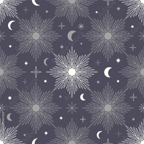 Hand drawn seamless pattern of Sun, Moon, sunburst, stars. Mystical celestial bursting sun rays vector. Magic space galaxy sketch illustration for greeting card, wallpaper, wrapping paper, fabric