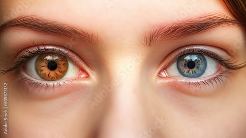 Close up woman face with different blue brown eyes colors, complete heterochromia iridum of human eyes close up look of female eyes view, complete heterochromia iridis of eyes, generative AI photo