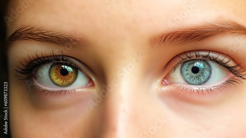 Close up woman face with different blue brown eyes colors, complete heterochromia iridum of human eyes close up look of female eyes view, complete heterochromia iridis of eyes, generative AI photo