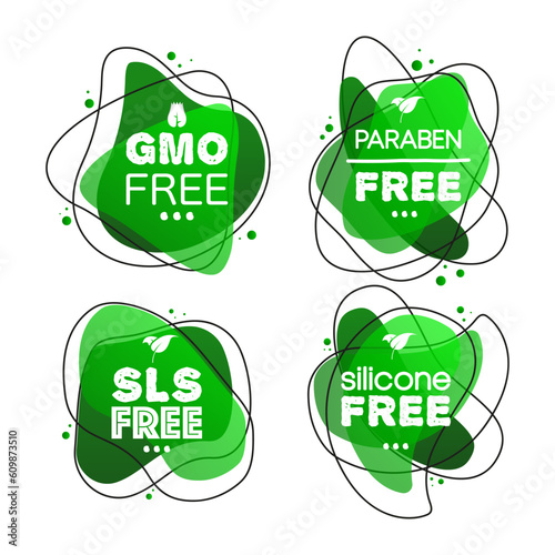 Sulfate free, paraben free, gmo and silicone free. GMO sls free preservative chemical organic label. Natural product concept. Vector Illustration.