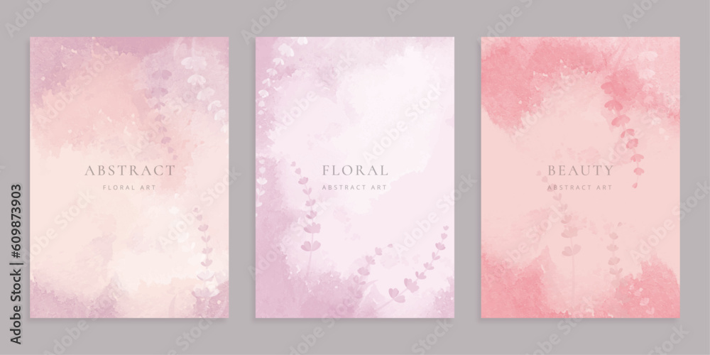 Watercolor cards templates with lavender. Abstract art floral design for greeting card, wedding invitation, cover, poster.