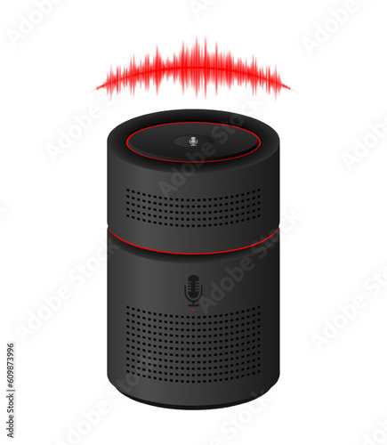 Voice Assistant of your home automation equipment. Smart speaker recognizes voice commands and controls smart home devices. The connected personal voice assistant. Vector Illustration.