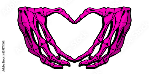 Skeleton hands howing heart shape. Bone hands goth style illustration. T-shirt print for Horror or Halloween. Hand drawing illustration isolated on white background. Vector EPS 10