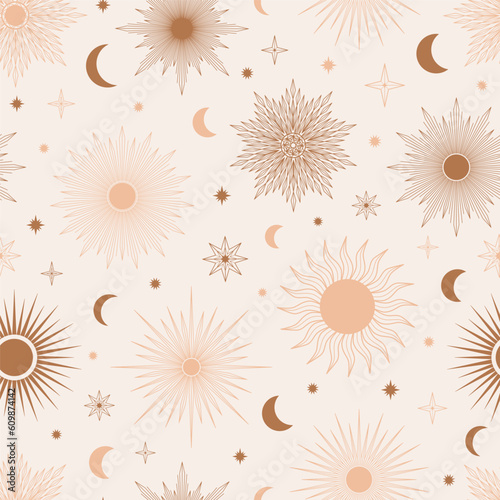 Hand drawn seamless pattern of Sun, Moon, sunburst, stars. Mystical celestial bursting sun rays vector. Magic space galaxy sketch illustration for greeting card, wallpaper, wrapping paper, fabric