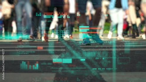 Wallpaper Mural People on city street with technological data background. Business, analytics big data concept. Torontodigital.ca