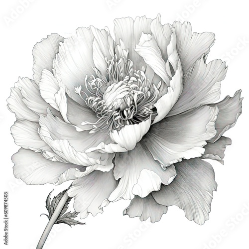 Fototapeta Naklejka Na Ścianę i Meble -  Black and white peony flower drawing illustration with line art on white backgrounds. Generative AI