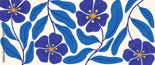 Abstract botanical art background vector. Natural hand drawn pattern design with flowers, leaves, branches. Simple contemporary style illustrated Design for fabric, print, cover, banner, wallpaper.