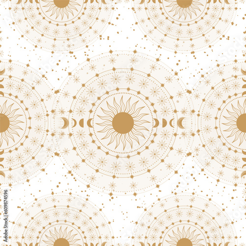 Hand drawn seamless pattern of golden Sun, Moon, stars. Mystical celestial circle galaxy space with sun rays. Magic vector sketch illustration for greeting card, wallpaper, wrapping paper, fabric