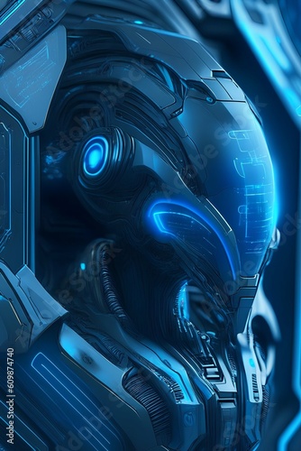 Generative AI Tech Blue humanoid Sci-fi robot  Future technology.