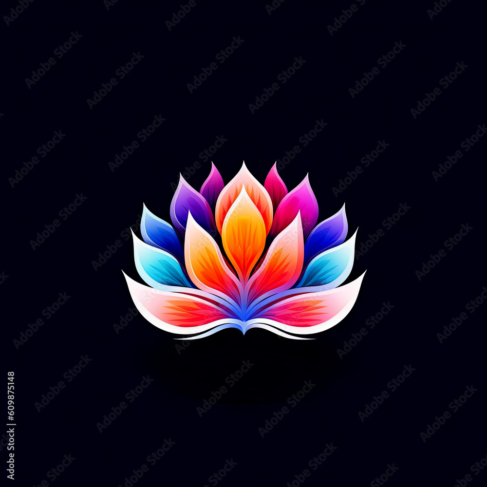 Colorful Lotus flower icon logo, glowing on dark background. Generative AI Colorful Lotus flower icon logo, glowing on dark background. Generative AI