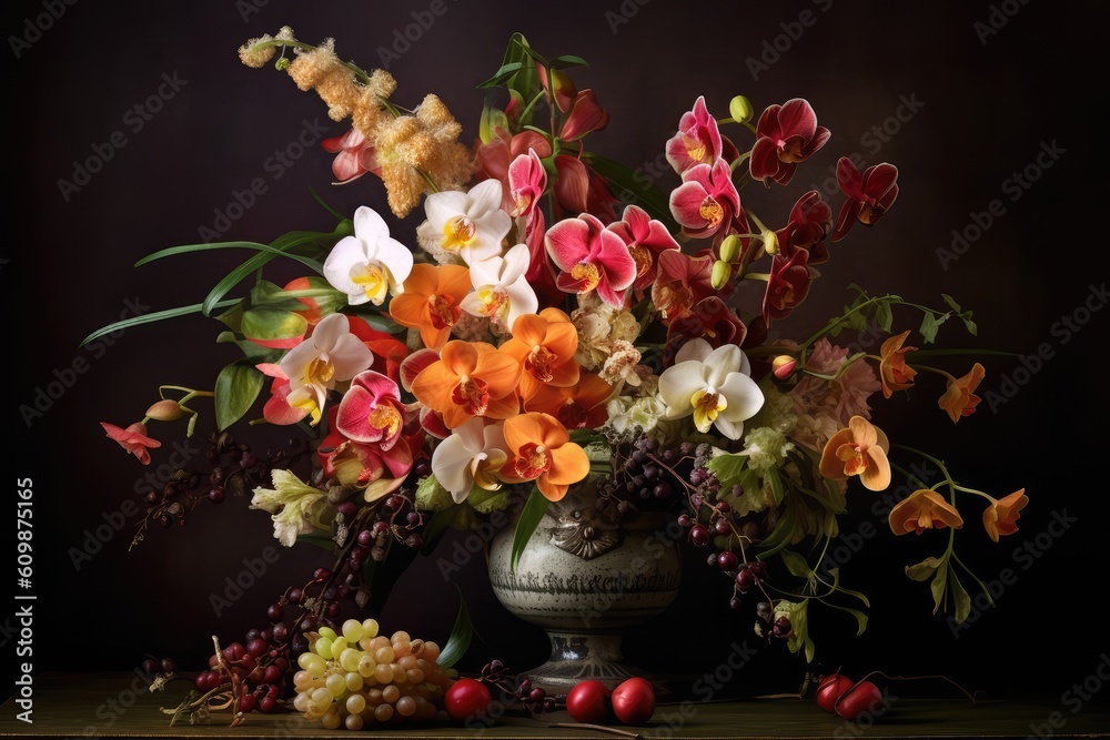 Fototapeta premium Flower Still Life Bouquet in Vintage Vase, Ancient Dutch Masters Imitation, Abstract Generative AI Illustration