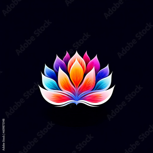 Colorful Lotus flower icon logo, glowing on dark background. Generative AI