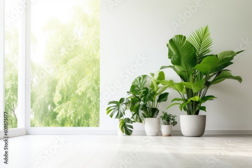 Green Plant on White Wall Background  Houseplant with Copy Space  Abstract Generative AI Illustration
