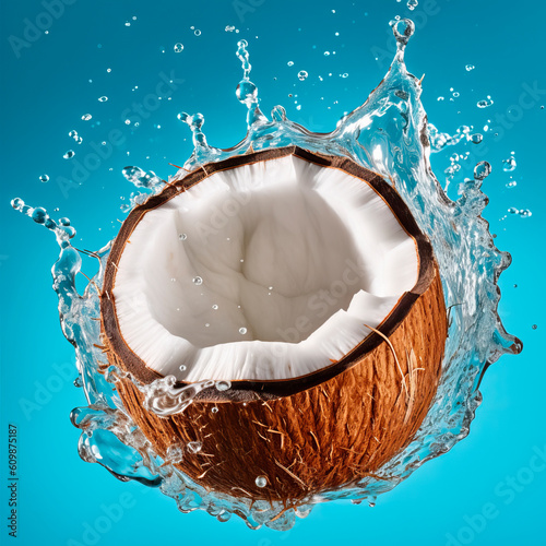 Falling open coconut meets water in a splash, blue background. Lots of crystal drops. AI generative illustration.