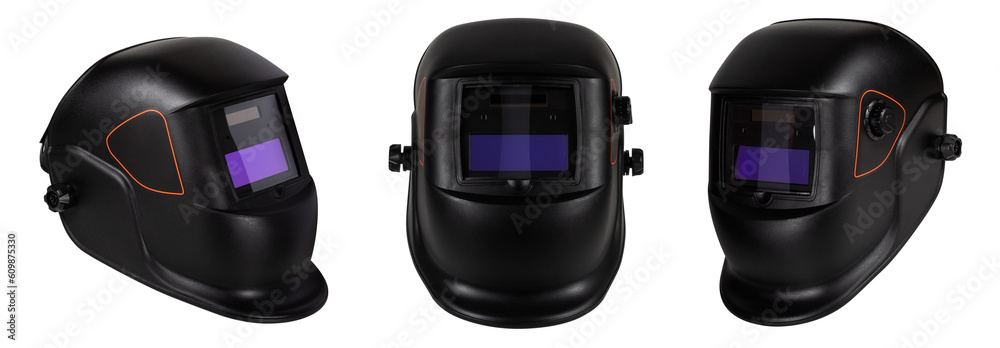 Fototapeta premium Modern welding helmet isolated on white background. Welder mask. Collection