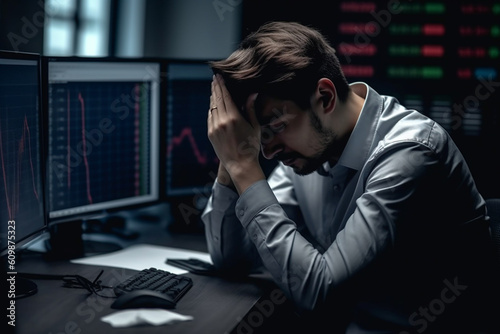 Worried businessman in front of the computer screen inside a modern office. Mature caucasian man despair with hands covering his face. Ai generated