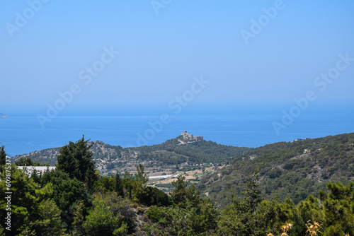 sea view on a clear summer day full of sun. Panorama of the island of Rhodes.