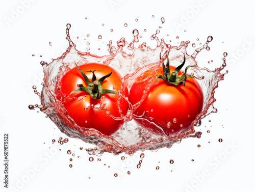 Falling tomato vegetable meets water in a splash, white background. Lots of crystal drops. AI generative illustration.