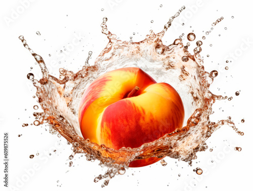 Falling peach fruit meets water in a splash, white background. Lots of crystal drops. AI generative illustration.