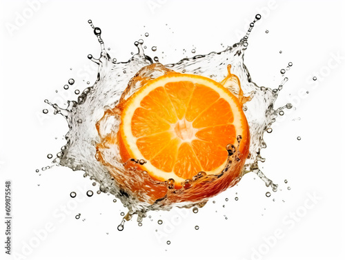 Falling orange fruit meets water in a splash  white background. Lots of crystal drops. AI generative illustration.