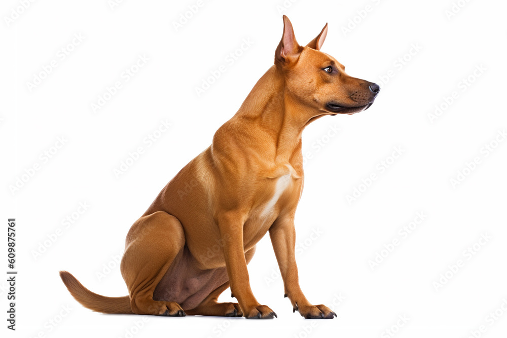 Large brown dog with short fur and pointy ears on white background. Generative AI illustration