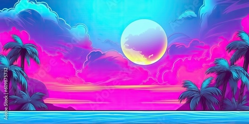 Retro futuristic synthwave retrowave landscape, sunset on background illustration. Generative AI