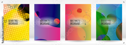 Set of Abstract Cover with Gradient Mesh Holographic Circles. Hipster Graphic Template Design with Lines, Dots, Round Shapes. Innovation Style for your Business Cover.