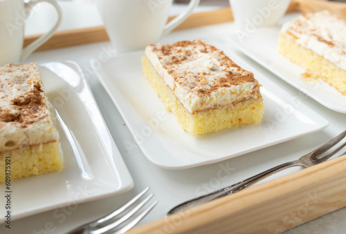 Sheet cake with sour cream, mandarin, cinnamon topping on plate