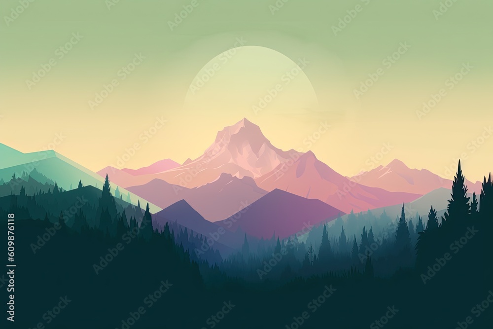 Beautiful Pink sunset light on a Mount in the forest. Generative AI