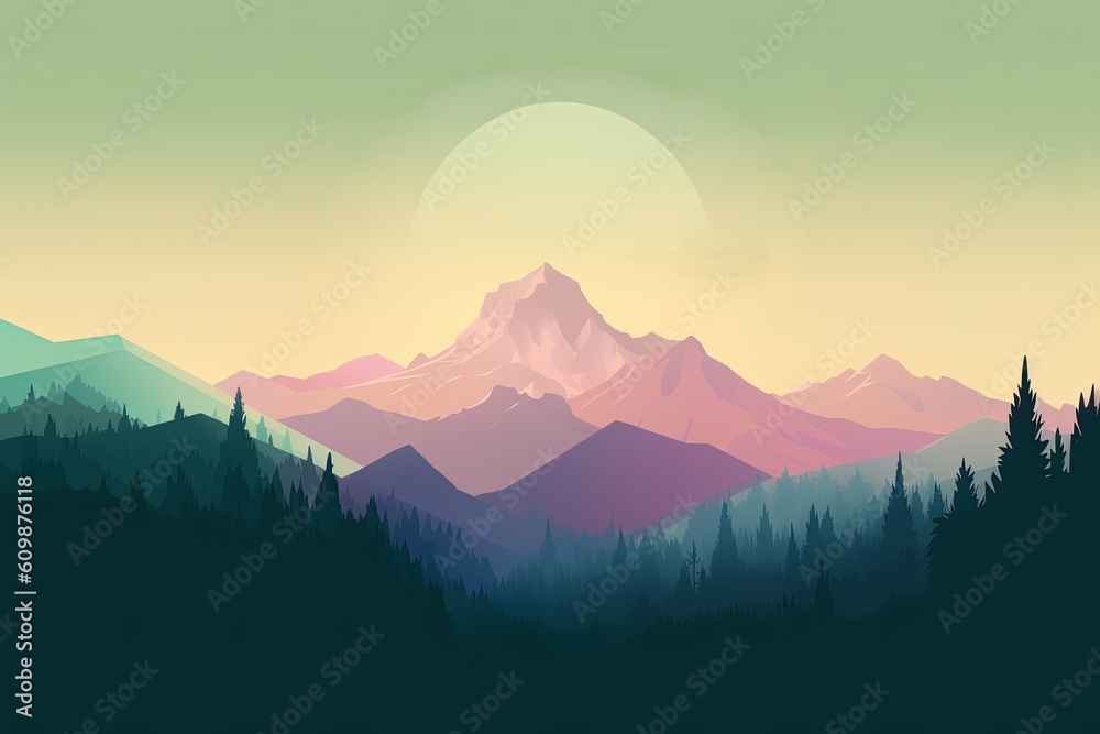 Fototapeta premium Beautiful Pink sunset light on a Mount in the forest. Generative AI
