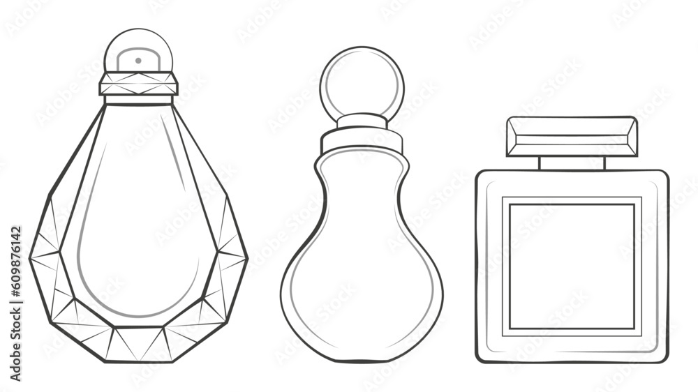 Bouteilles de parfums de luxe, dessin en noir et blanc pour coloriage, traits et contours, flacon en verre transparent avec étiquette, packaging pour cosmétique beauté
