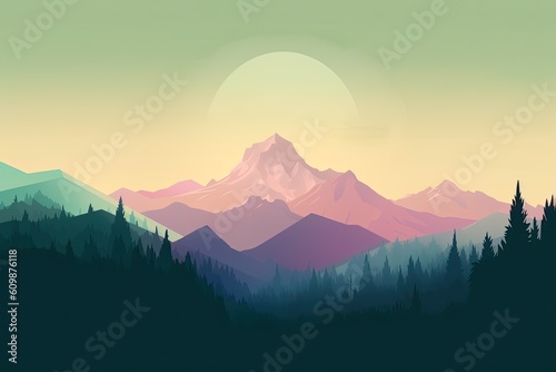 Beautiful Pink sunset light on a Mount in the forest. Generative AI