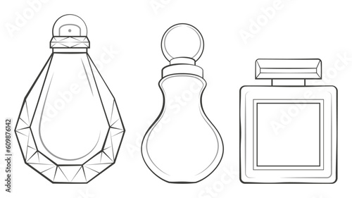 Bouteilles de parfums de luxe, dessin en noir et blanc pour coloriage, traits et contours, flacon en verre transparent avec étiquette, packaging pour cosmétique beauté