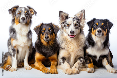 Portrait of four dogs, isolated on white background. animals friendship. generative AI