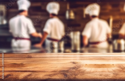 Wooden table on blur chefs cooking in the kitchen background in Restaurant © Thares2020