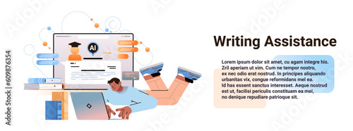 man student typing on laptop with virtual ai assistant writing assistance education concept