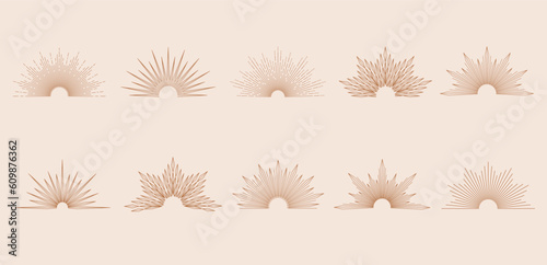 Hand drawn set of Sun, sunburst, light rays in line art. Bohemian symbol bursting sun rays. Magic talisman, antique style, boho, tattoo, logo. Vector illustration isolated on beige background.