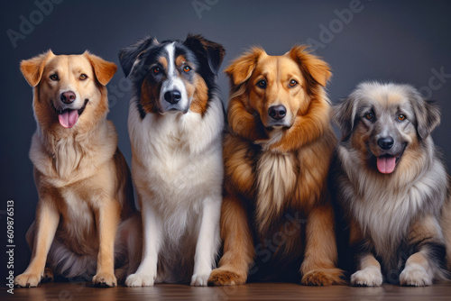 Portrait of four dogs, isolated on dark background. animals friendship. generative AI