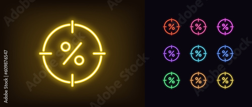 Outline neon target discount icon set. Glowing neon aim with percentage sign, hunting for discounts. Sale search, special offer hunt, benefit shopping, shot in profit percent, bonus hit