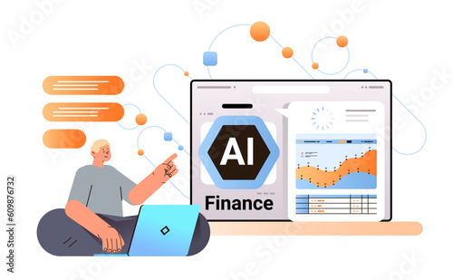 businessman generating financial report with ai helper bot data analyzing artificial intelligence technology concept