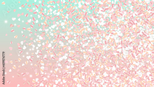 Realistic Background with Confetti of Hearts Glitter Particles. St. Valentine Day. Celebration pattern. Light Spots. Explosion of Confetti. Glitter Vector Illustration. Design for Banner.