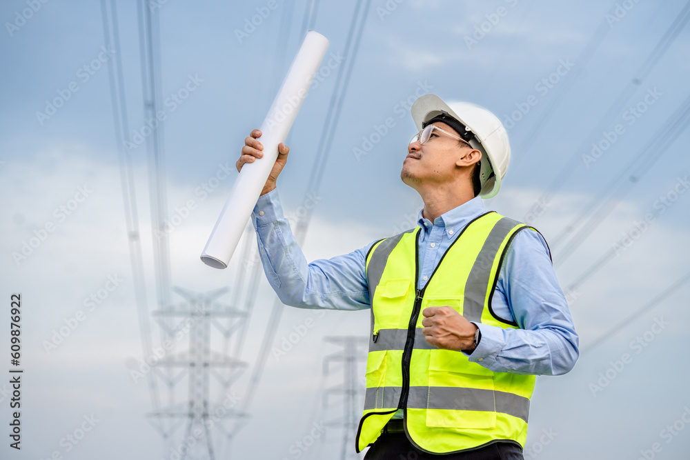 Electrical engineers holding blueprint looking confident with power line towers to project planning work producing electrical energy high voltage, energy concept.