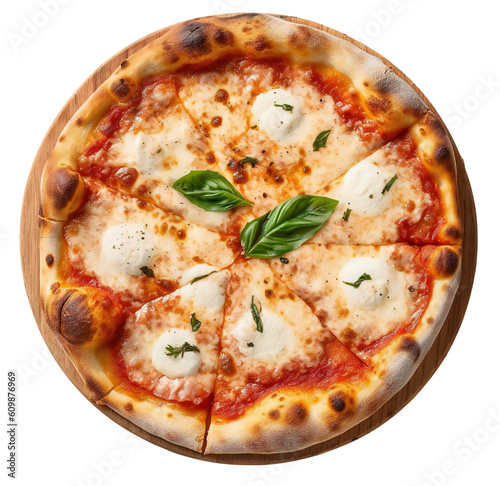 Italian pizza. Round pizza Margherita on a wooden board. Isolated on a transparent background. KI.