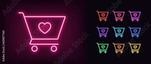 Outline neon love trolley cart icon set. Glowing neon shopping trolley with heart sign, shopping passion. Favorite shop, offer for shopaholic, buyer like, customer love, donation cart.
