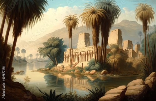 landscape painting of palms and trees on the banks of the Nile in ancient Egypt with temples, illustration, Generative ai © MG