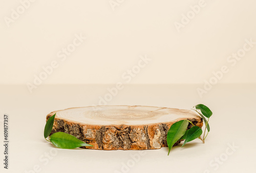 Wooden product background close up with green plant leaves on beige background. Podium for product presentation