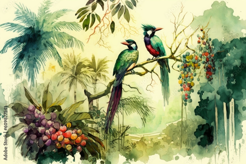 Naklejka premium Watercolor style, landscape on a tropical forest with trees, palms and branches standing on it, colorful birds and fruits, Generative ai