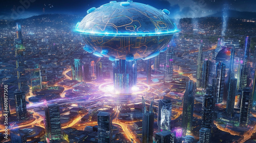 Futuristic cityscape at night, dominated by a massive, glowing hologram of an AI brain