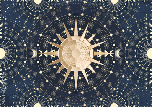 Hand drawn card of golden Sun, Moon, star. Magic celestial night space. Bohemian circle talisman collection, antique style, boho symbol, tarot emblem. Mystical galaxy space, vector sketch illustration